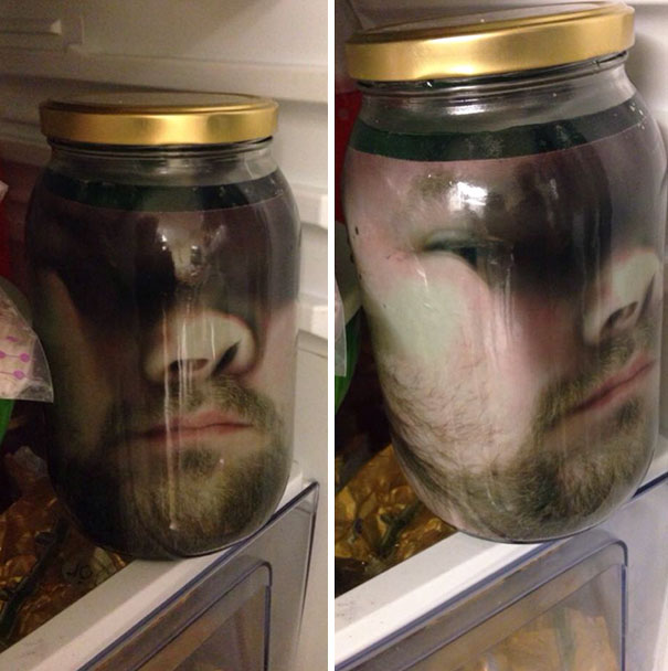 How To Scare Your Wife On Halloween: Print Your Face On Paper, Put The Paper In A Jar, Fill Jar With Green Water