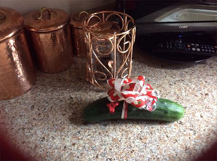 Gave My Aunt Cucumber Seeds For Christmas, Today My Grandma Wrapped The First One With A Bow Like A Gift