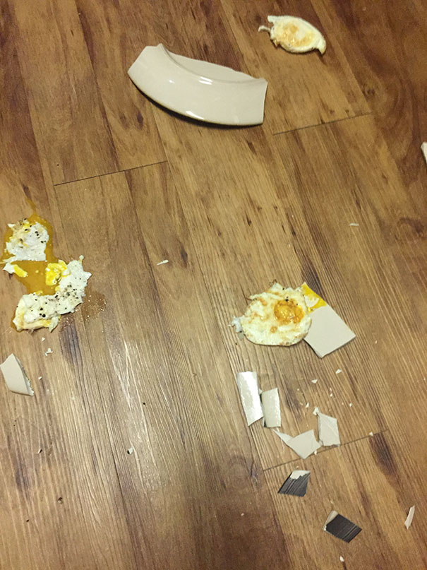 Eggs With A Side Of Broken Plate, Served On Floor