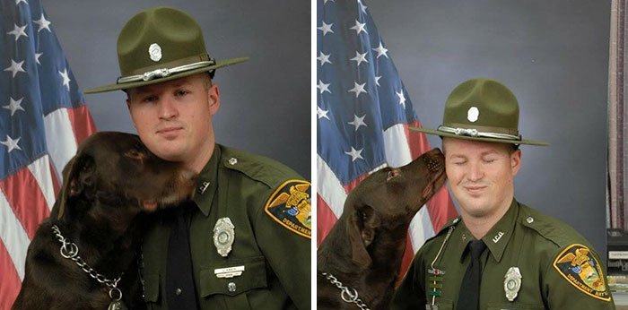 K9 Won't Stop Kissing His Partner During Official Photo Shoot, Then Finally Does A Serious One