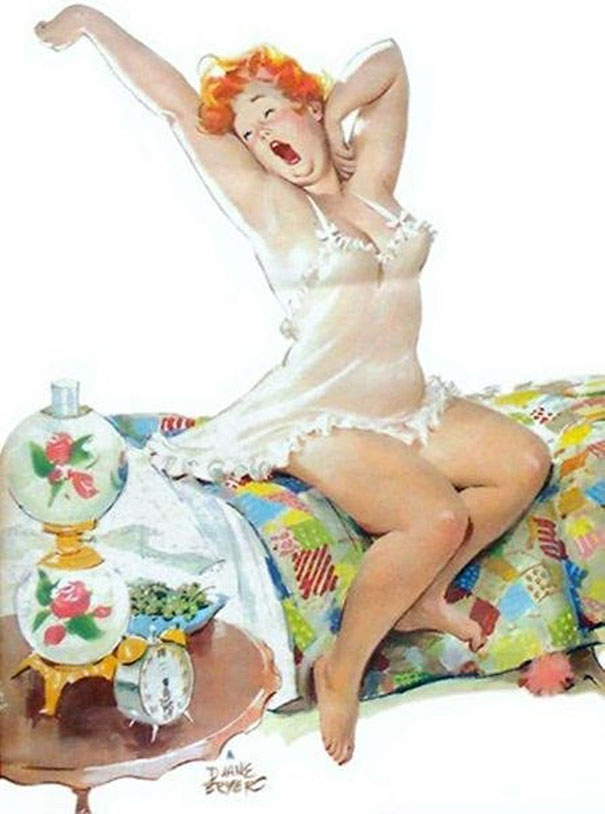 illustration of a plus-size girl sitting on the bed and yawning