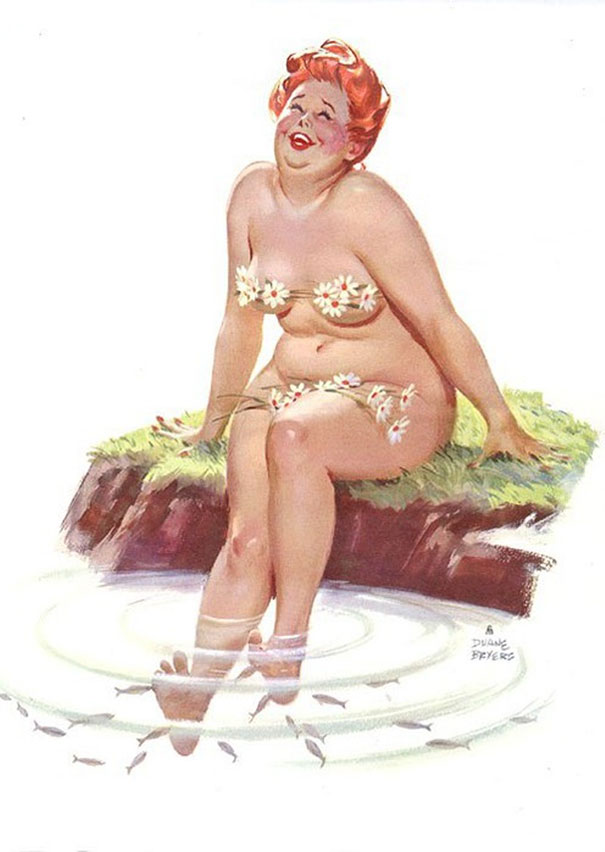 illustration of a plus-size girl laughing with her legs in the lake with fish