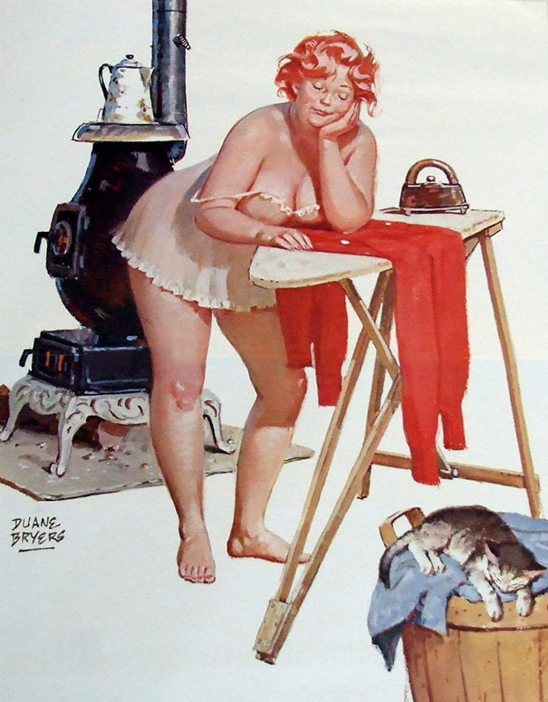 illustration of a plus-size girl standing with leaning on her elbow on the ironing board