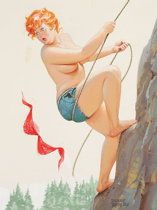illustration of a plus-size girl climbing and losing her bra