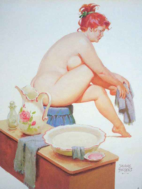 illustration of a plus-size nude girl drying off