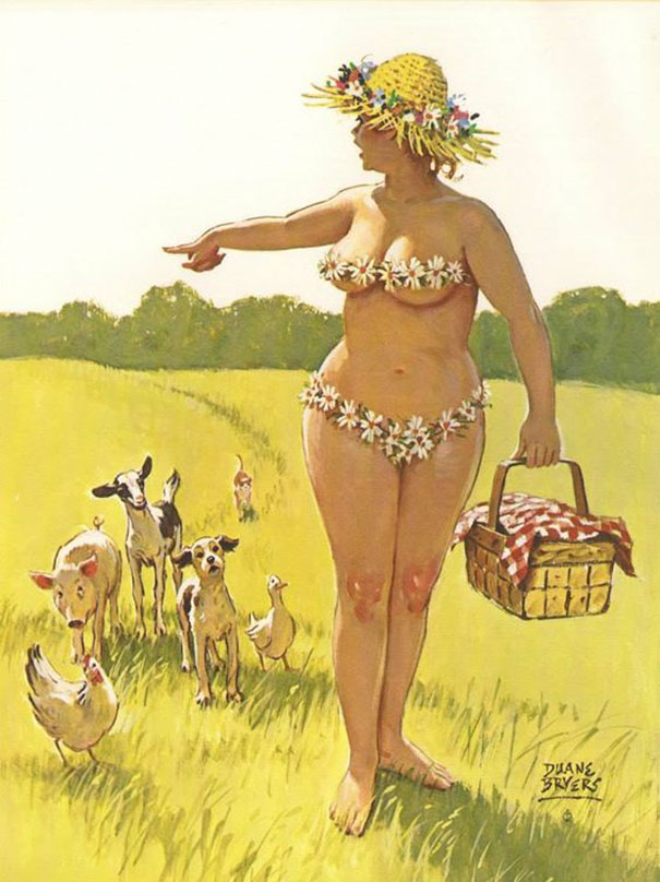 illustration of a plus-size girl walking in the filed with a basket and animals walking behind her