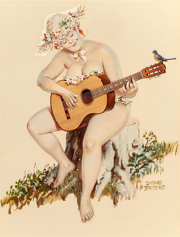 illustration of a plus-size girl playing the guitar on the stump