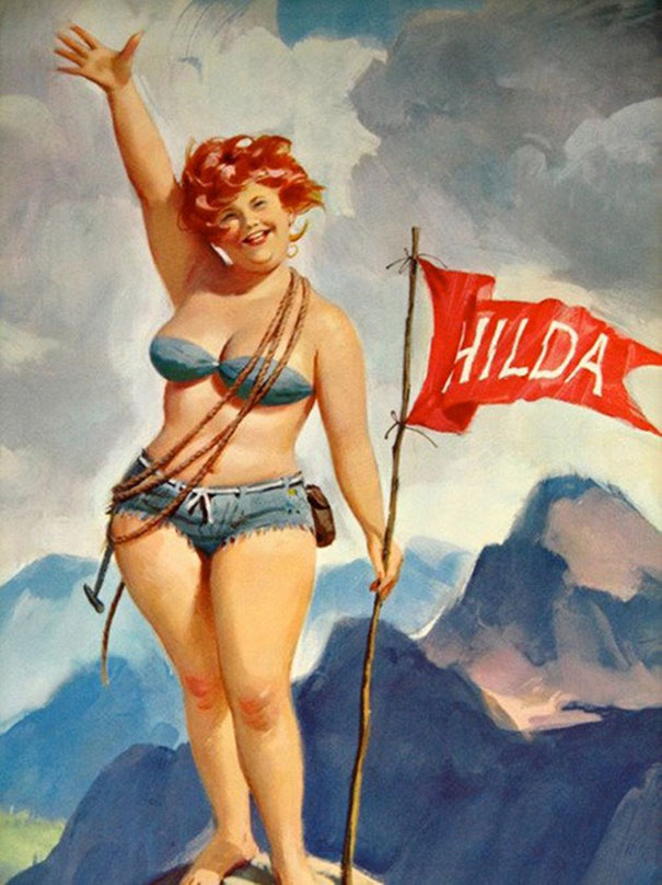 illustration of a plus-size girl standing in the mountains with a flag