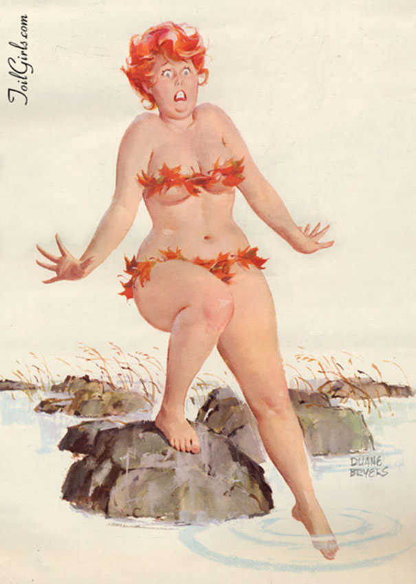 illustration of a plus-size girl touching water in the lake with her toe