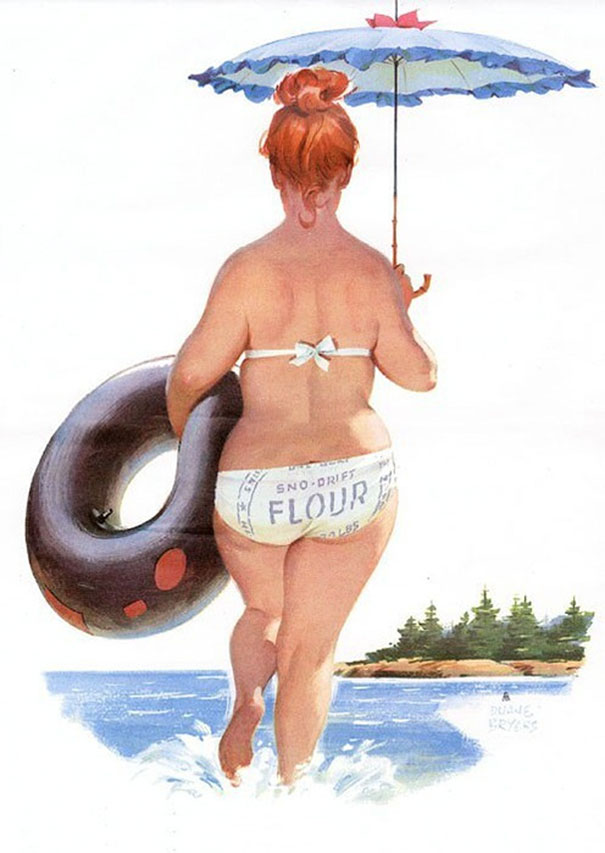 illustration of a plus-size girl going into the lake with tire and umbrella