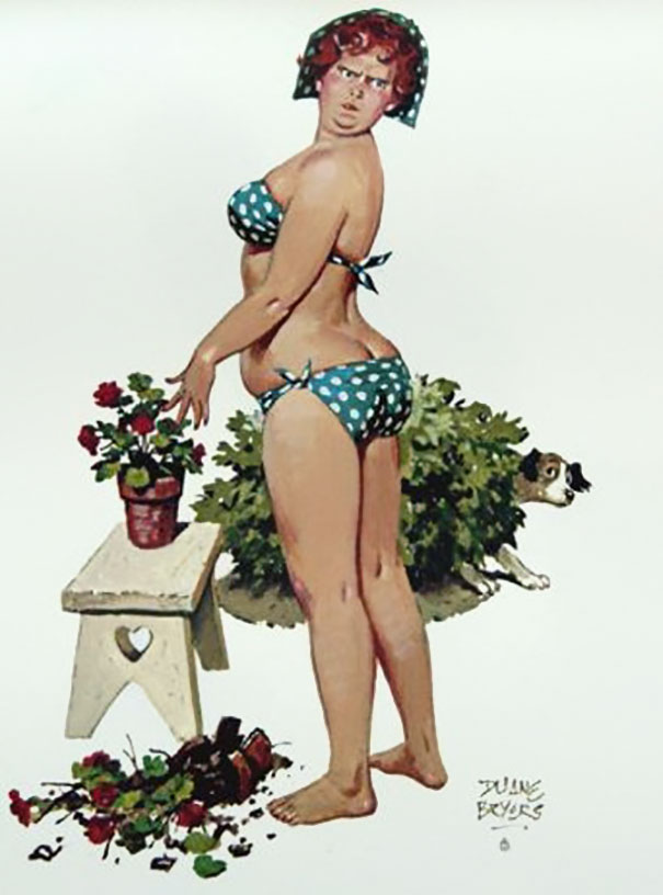 illustration of a plus-size girl looking angrily near a brocken pot of flower