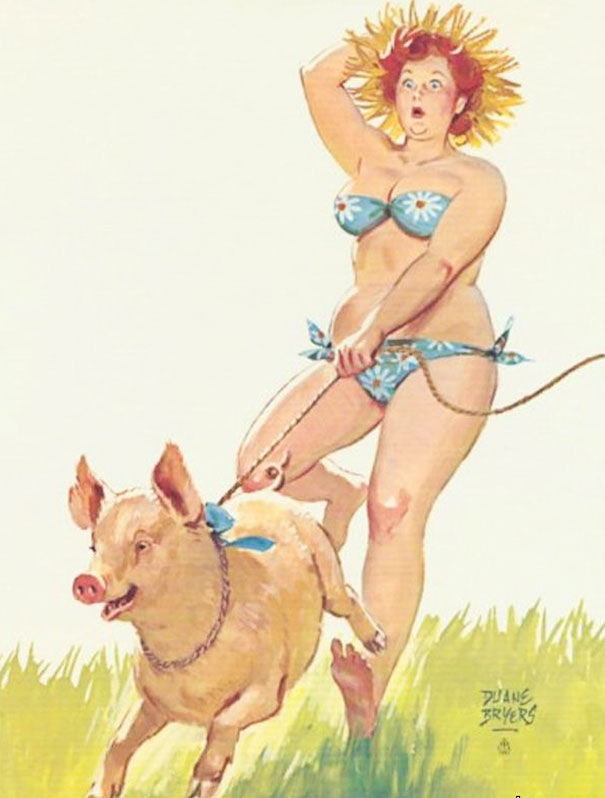 illustration of a plus-size girl walking the pig