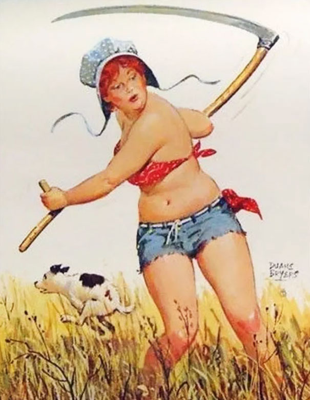 illustration of a plus-size girl mowing the grass