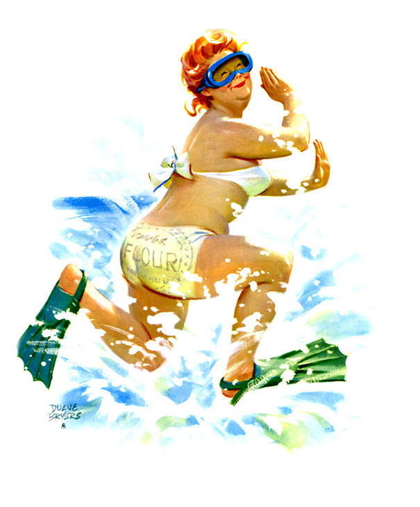 illustration of a plus-size girl in the sea with diving mask and flippers