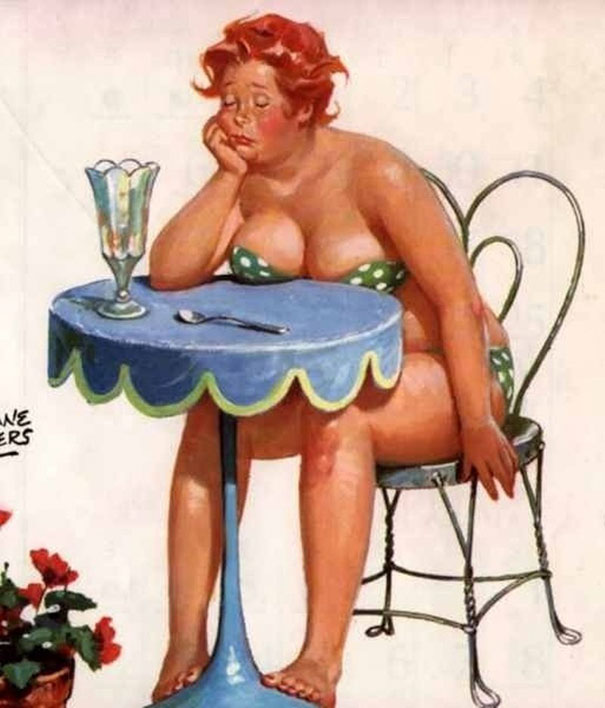 illustration of a plus-size girl sitting on the chair with her elbow on the table
