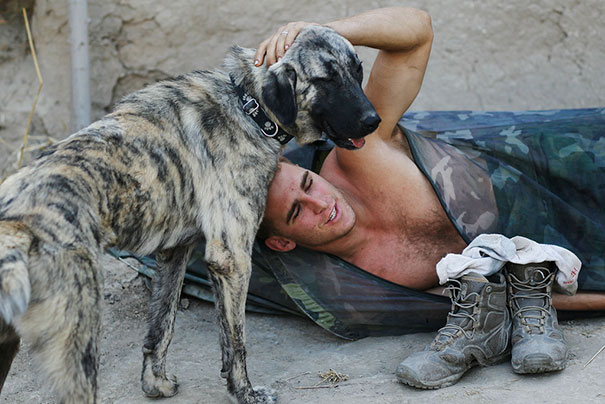 Sgt. John Barton Pets His Platoon's Pet Dog Ray-Ray