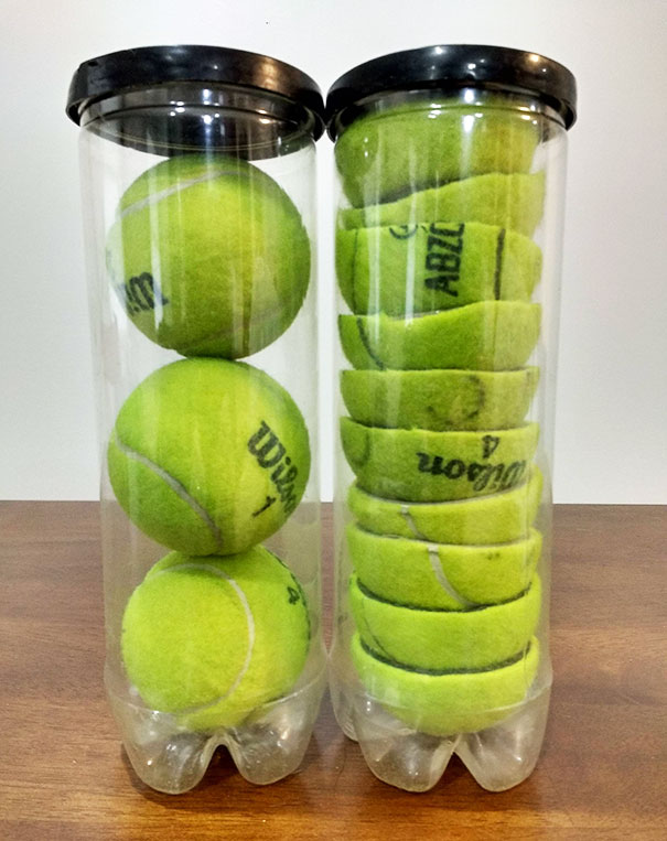 Cut Your Tennis Balls In Half To Store Two More Balls In Each Can, Saving Space