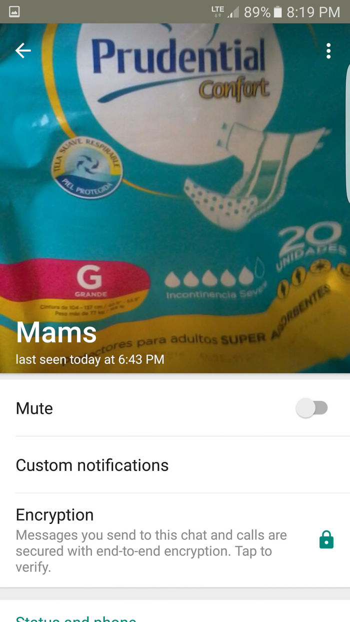 Mom Tries To Send Me A Pic Of Grandma's Diapers So I Can Get Some At The Store. Somehow "The Phone Doesn't Let Me Send Pictures!" Two Hours Later I Realize She Made It Her Profile Picture. Still Hasn't Noticed It