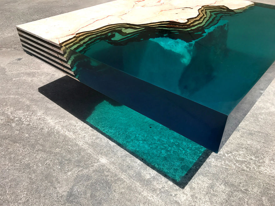 Aquatic Coffee Tables That I Make By Merging Natural Stone And Resin