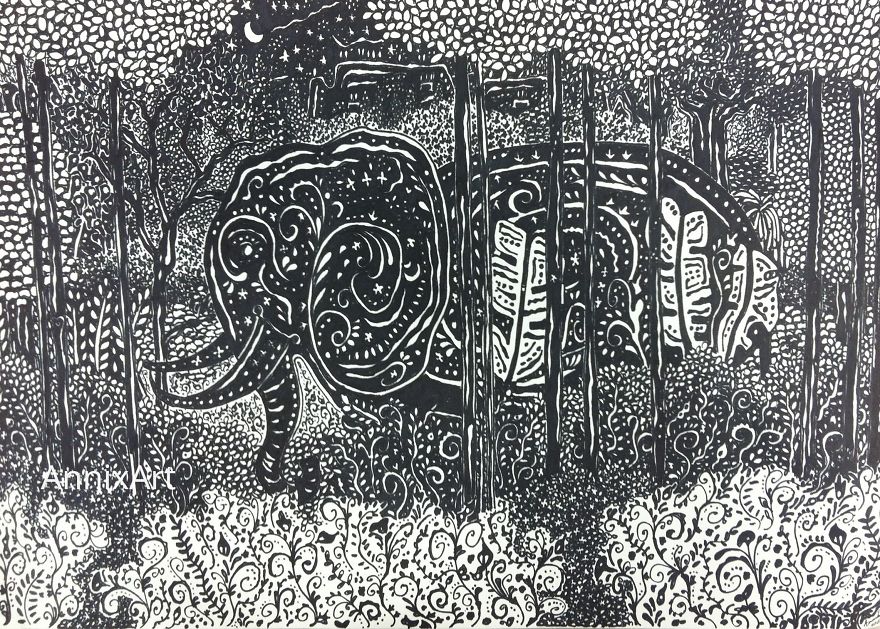 I Use Permanent Markers To Draw Detailed, Night-Time Forest Scenes With Animals
