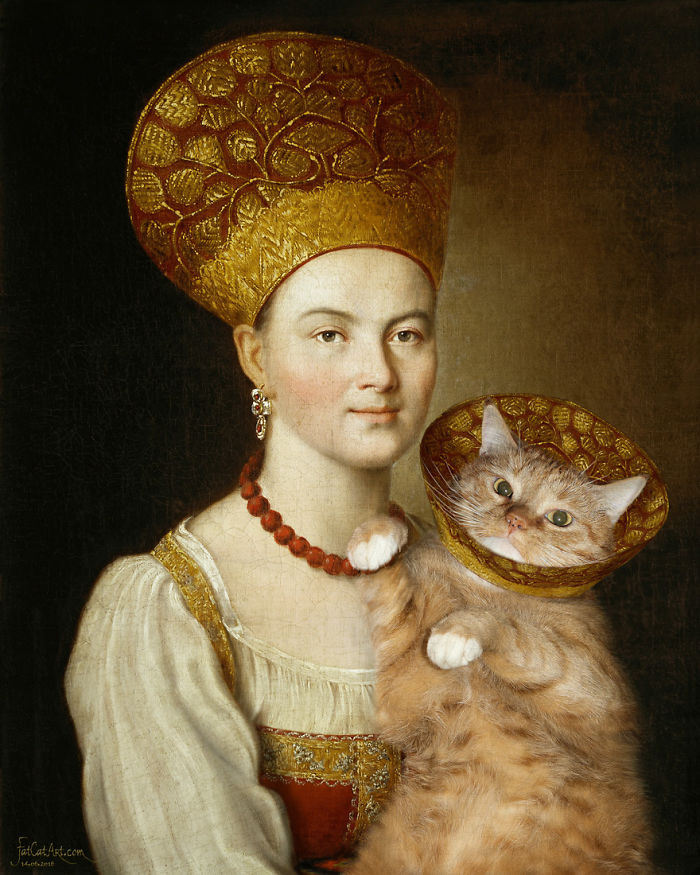 Ivan Argunov, Portrait Of An Unknown Woman In Russian Costume And A Well-known Cat In A Vet Collar