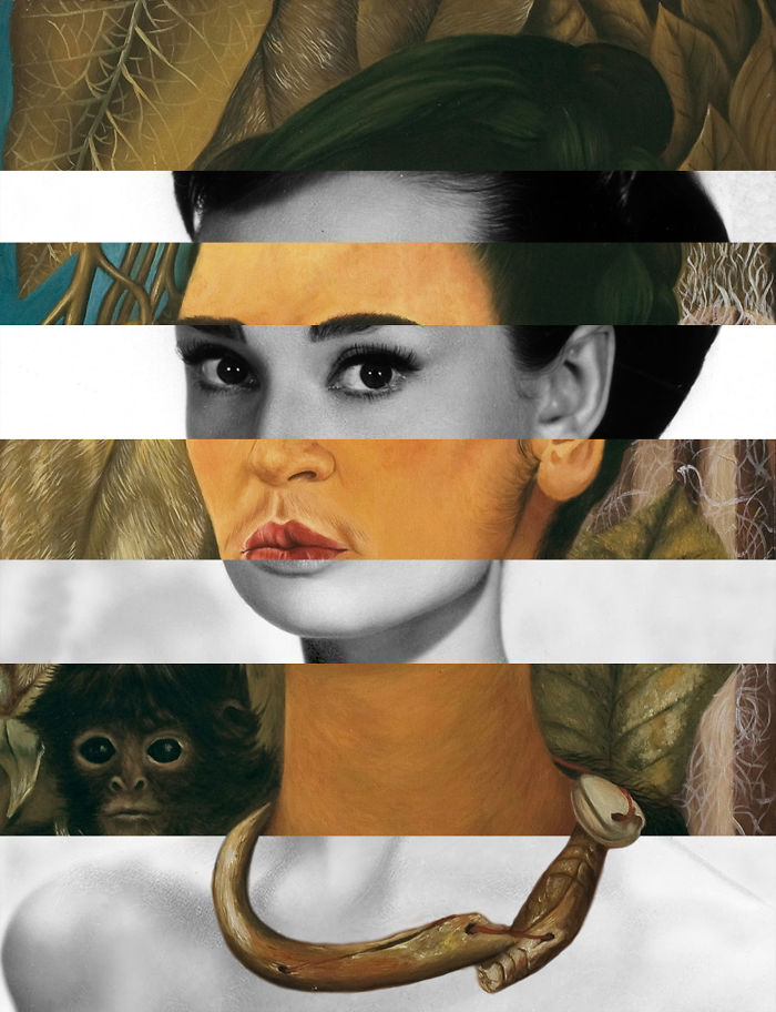 Frida Kahlo's Self Portrait With Monkey And Audrey Hepburn