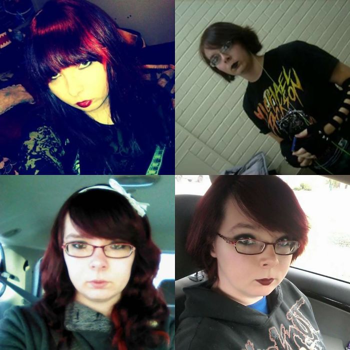 Top Two From My Black Lipstick High School Days In 2010 And Bottom Two Of My Recent Self In 2014/2017. Yes That's A Michael Jackson Shirt. And Yes I Also Still Listen To Slipknot.