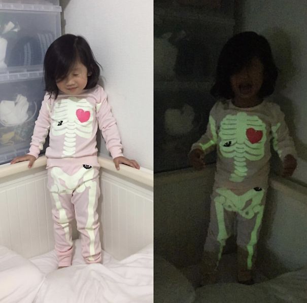 My Daughter Sees Her Glow In The Dark Pj's With Lights Off For The First Time