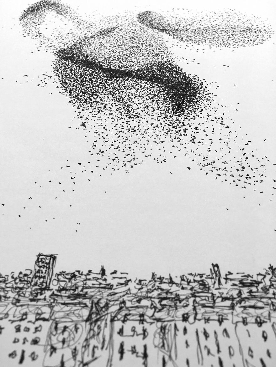 Breathtaking Starling Murmurations Put To Paper Using Scribbles And Dots By Scottish Artist