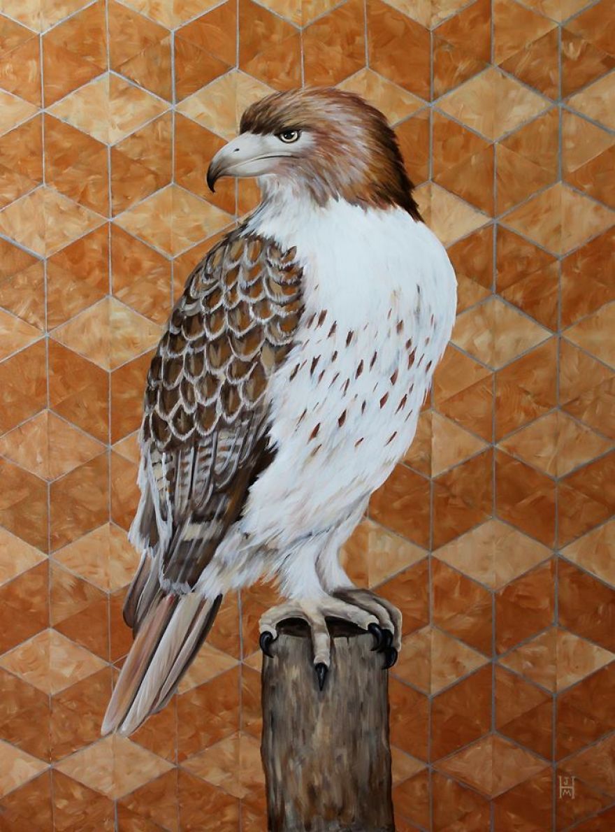 Red Tailed Hawk With Copper Pattern-original Acrylic Paint On Canvas