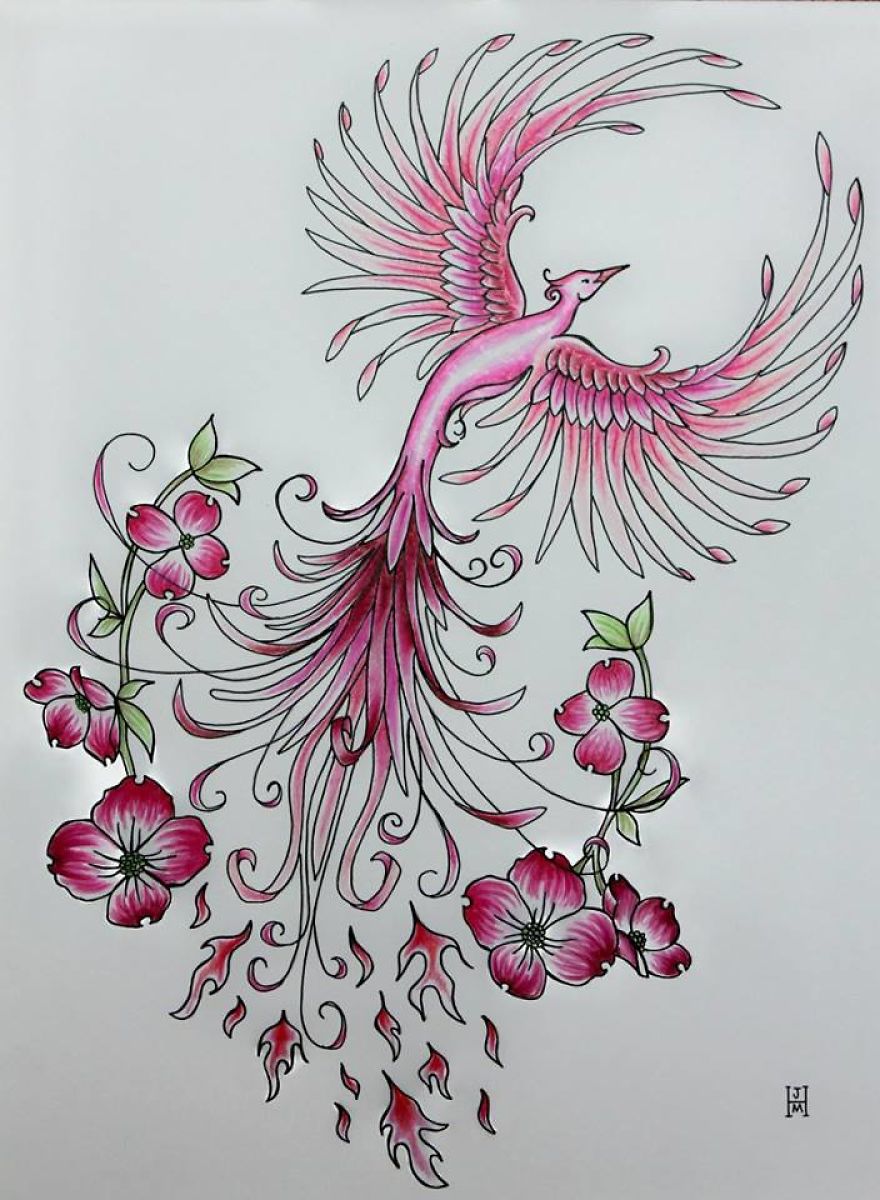 Pink Phoenix- Freehand Pen And Ink Original
