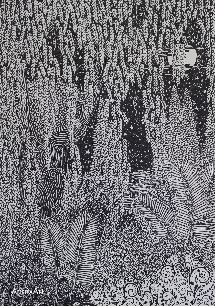 I Use Permanent Markers To Draw Detailed, Night-Time Forest Scenes With Animals