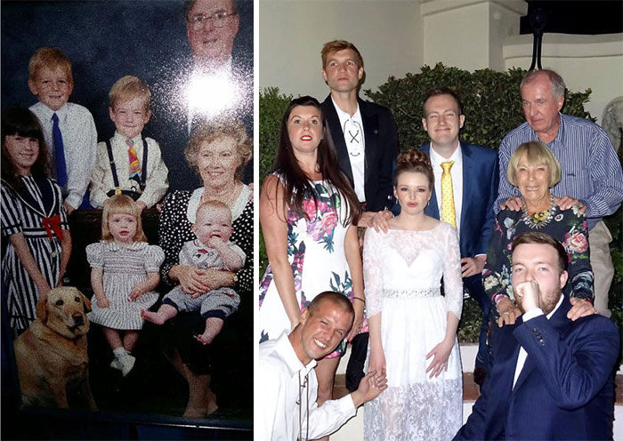 My Cousins And I Recreated This Picture From The Last Time We All Together 20+ Years Ago. The Picture Was Taken At My Wedding, My Husband Standing In For The Dog And Late Grandparents Oldest Friends Standing In For Them