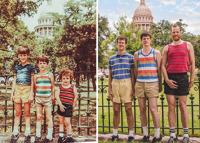 1984 And 2013. 29 Years Later, My Brothers And I Recreated Our Family Vacation Photo At The Texas State Capitol