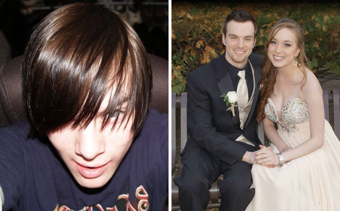 Then: Wow Look How Cool I Am With My Hair Over My Eyes. Now: Girlfriend's Senior Prom. Much Cleaner Cut. Massive Transition