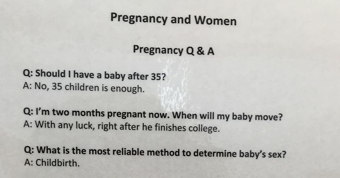 Ob/gyn Riddles This Brutally Honest Pregnancy FAQ Sign On OBGYN’s Wall Will Make You ...