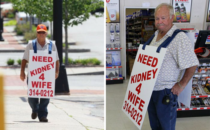 Man Walks The Streets With A Sign To Find A Kidney Donor For His Wife