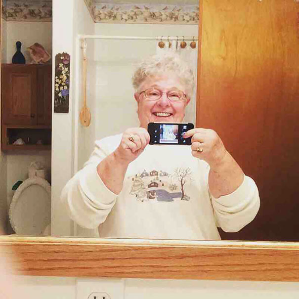My Grandma Took Her First Selfie Today. Using The Front Camera To Take A Mirror Selfie