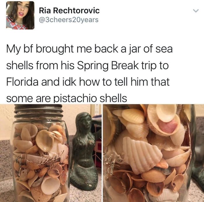 Mi novio me trajo un tarro de conchas marinas de su viaje a Florida y no sé cómo decirle que algunas son cáscaras de pistacho