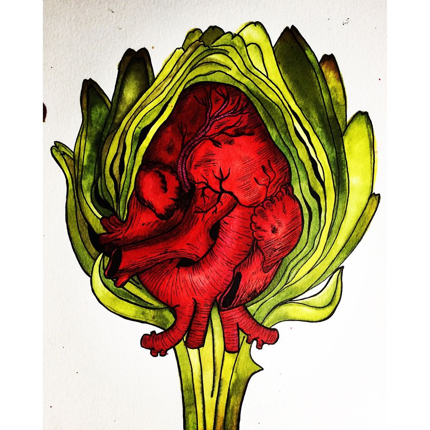 Alcohol Ink Paintings That Mix Fruit And Veggies With The Human Form