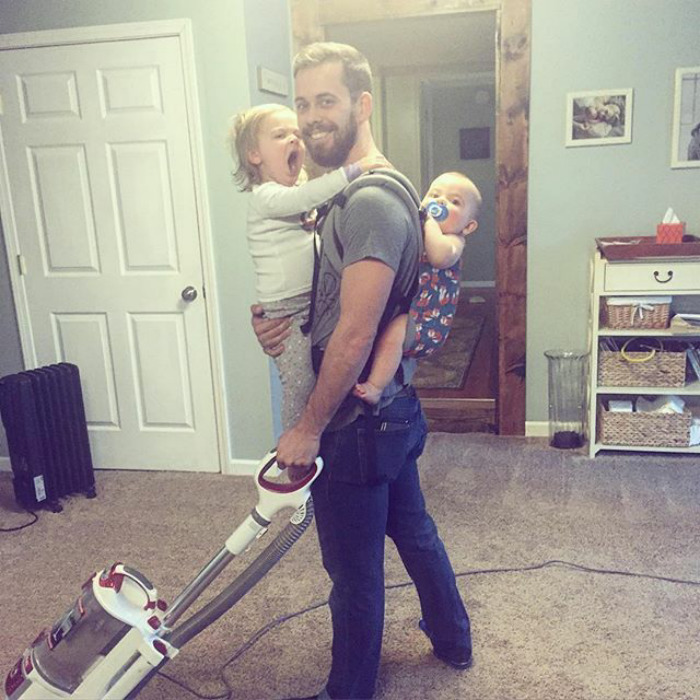 Husband And Dad Goals. He's The Real Deal... Just Let This All Soak In. Vacuuming, Baby Wearing, Holding Needy Toddler... Beard