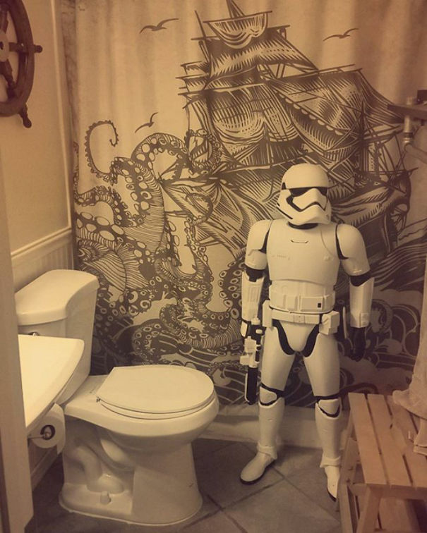 I Love Pranking My Husband. So I Set Up The Storm Trooper In The Bathroom And He Nearly Crapped Himself When He Walked In There