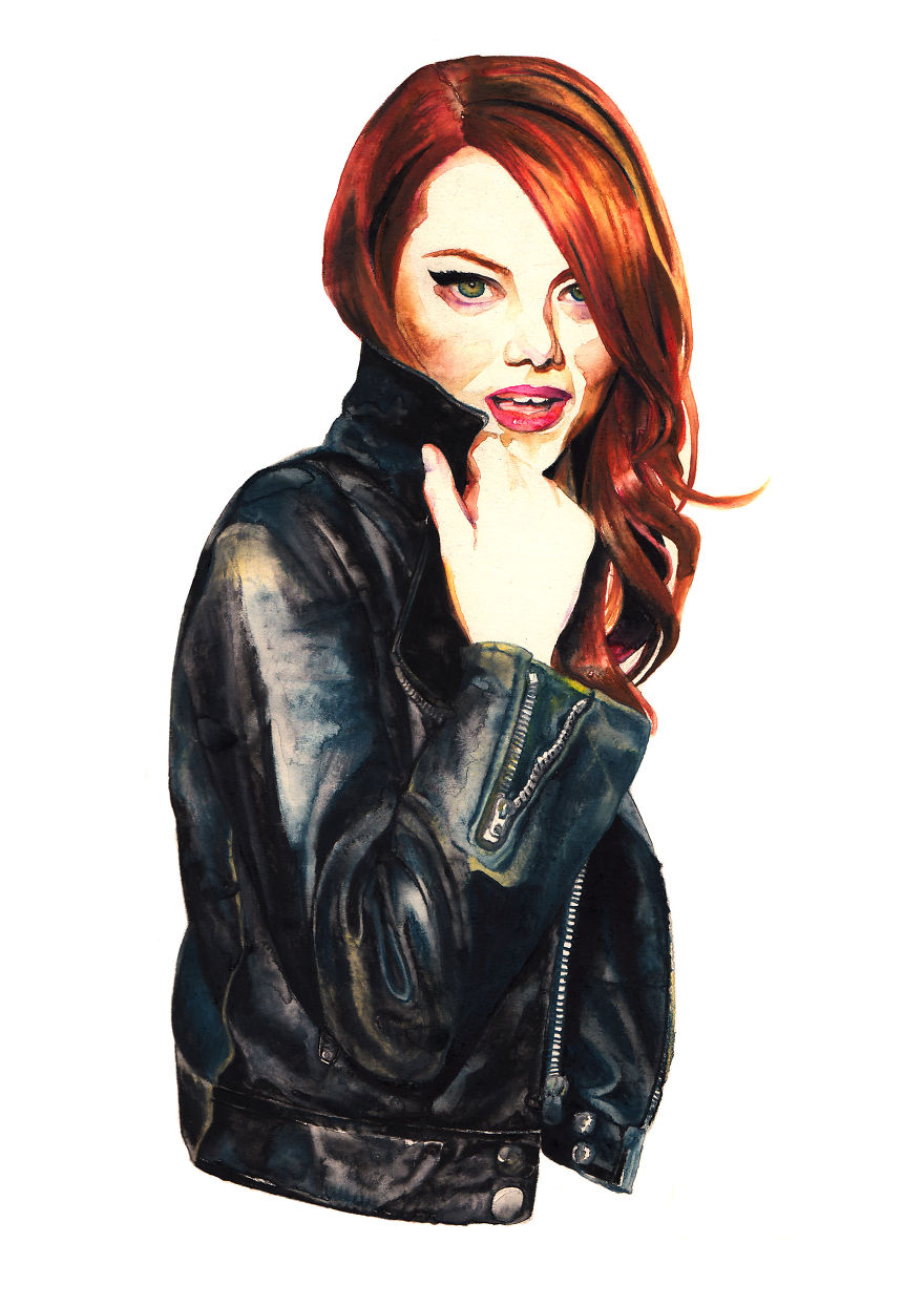 Emma Stone Watercolour. Lookin' Good In Leather.