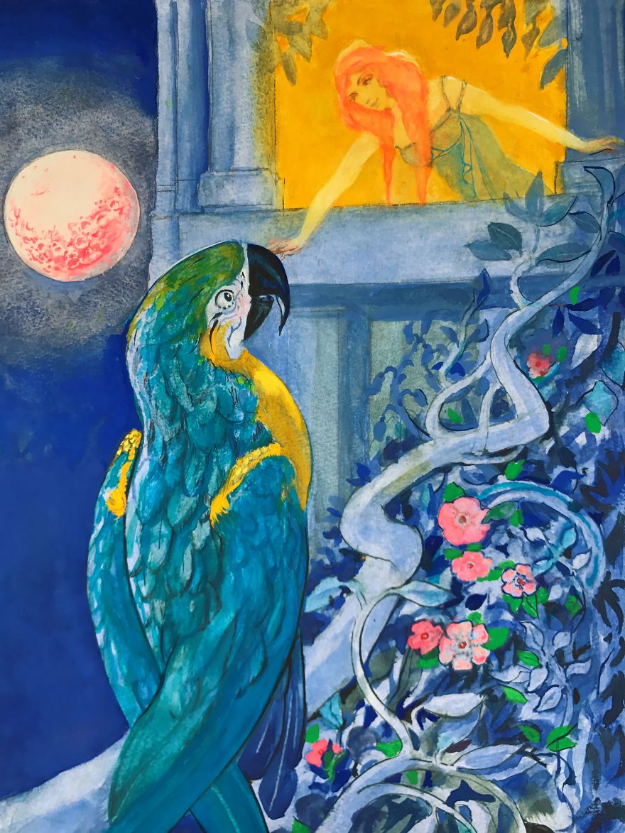 I Create Illustrations For Fairy Tales That Are Yet To Be Written.this One Is About A Giant Parrot And A Princess.