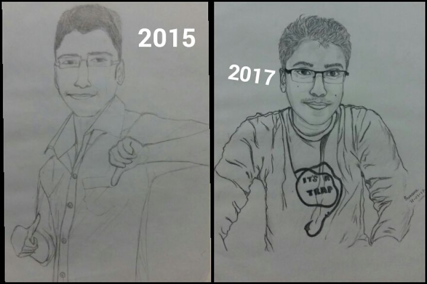 2 Years Of Progress, 2015 To 2017 By Samia Salam Suzana.two Sketch Of The Same Person.
