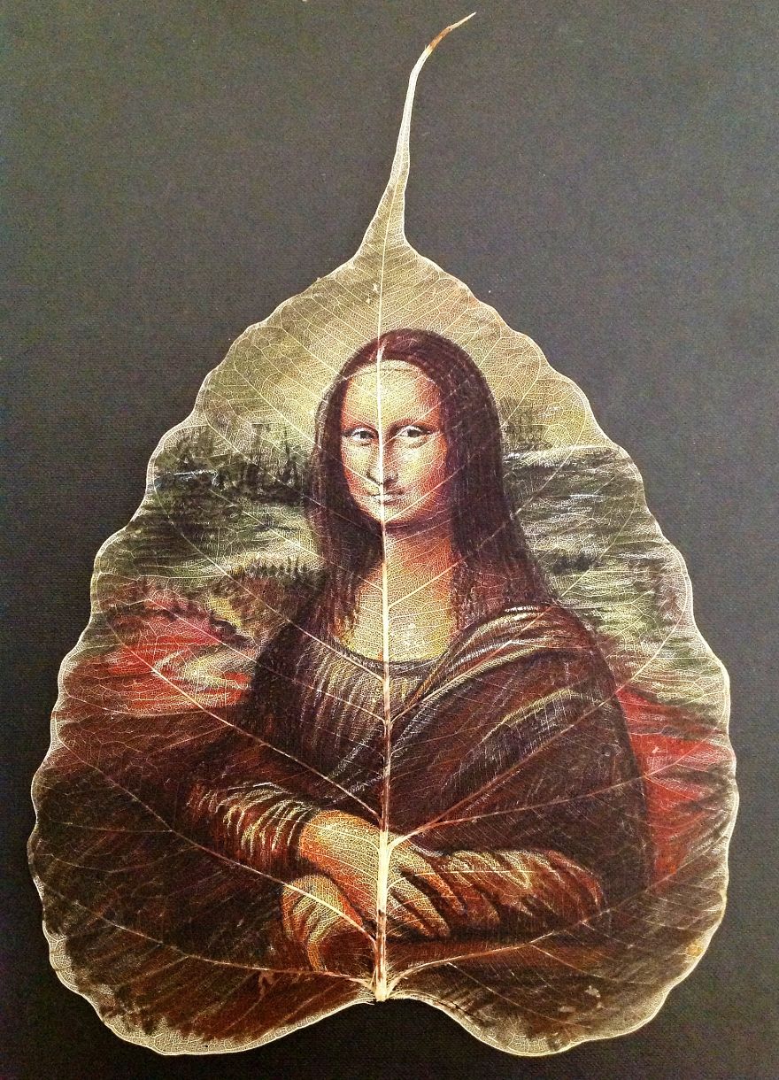 Indian Artist Paints Detailed Portraits On Skeleton Tree Leaves Indian Artist Paints Detailed Portraits On Skeleton Tree Leaves