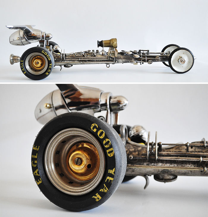 Dragster hecho con un saxofón y partes de un coche Volga
