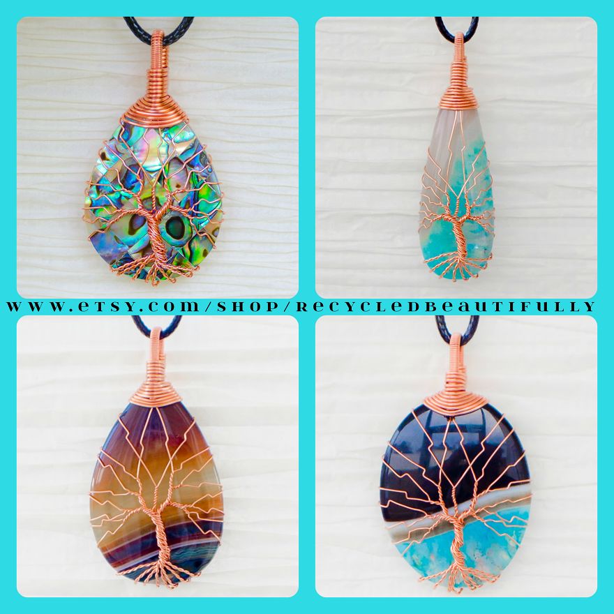 Discarded Copper Wire Twisted Into Trees To Beautifully Frame Dazzling Stone Pendants