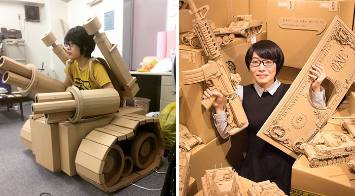Japanese Cardboard Artist Turns Old Amazon Boxes Into Tanks, Food And Other Incredible Sculptures
