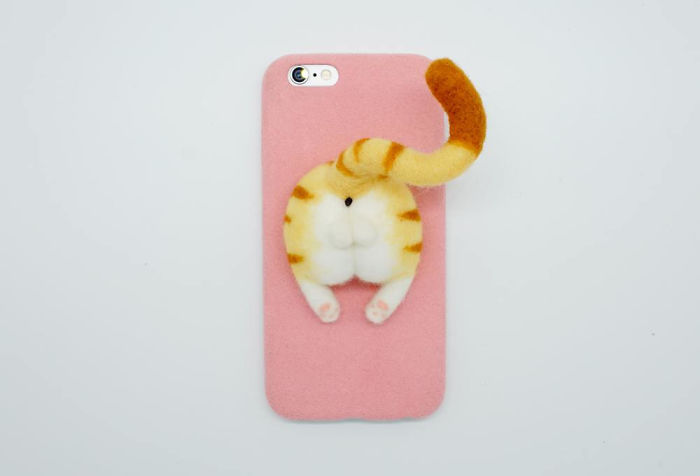 Needle Felted Cat Butt Phone Case, Yellow Tabby Cat